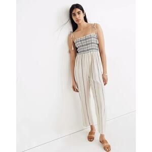 Madewell Jumpsuit Smocked Cami Linen Striped Summer Coastal Neutral Cream Gray